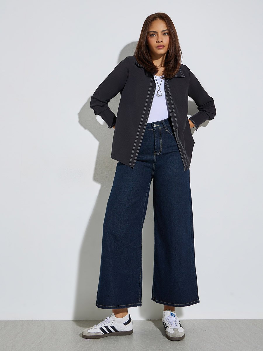 Black Contrast Stitch Detail Regular Fit Shirt