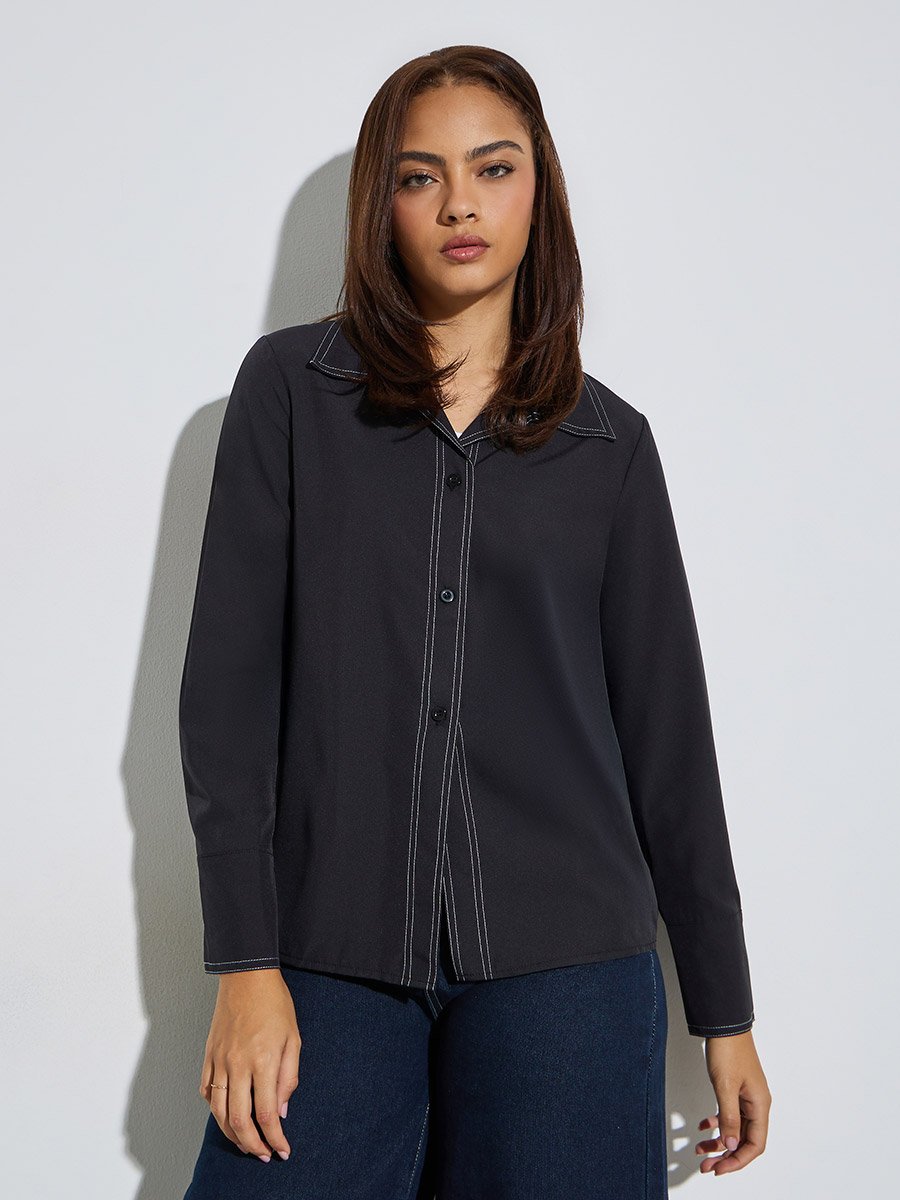 Black Contrast Stitch Detail Regular Fit Shirt