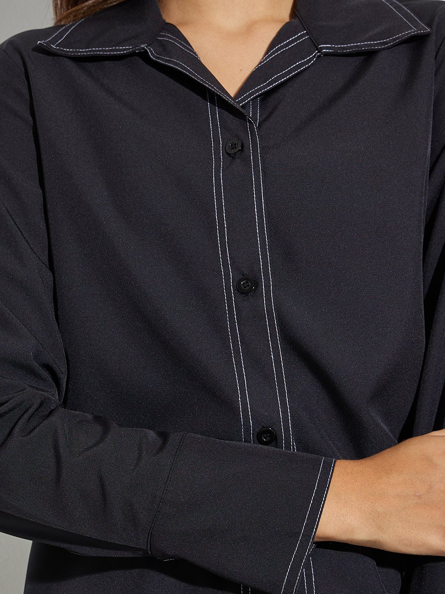 Black Contrast Stitch Detail Regular Fit Shirt