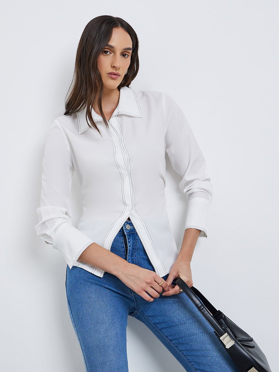 White Contrast Stitch Detail Regular Fit Shirt