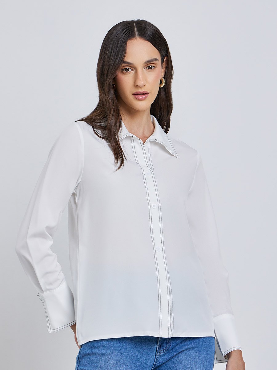 White Contrast Stitch Detail Regular Fit Shirt