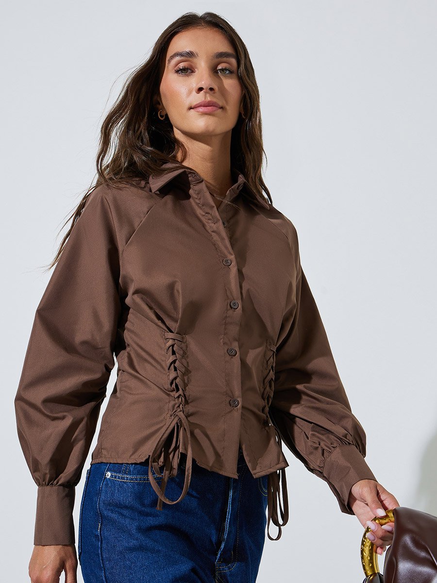 Brown Lace Up Detail Raglan Sleeve Buttoned Shirt
