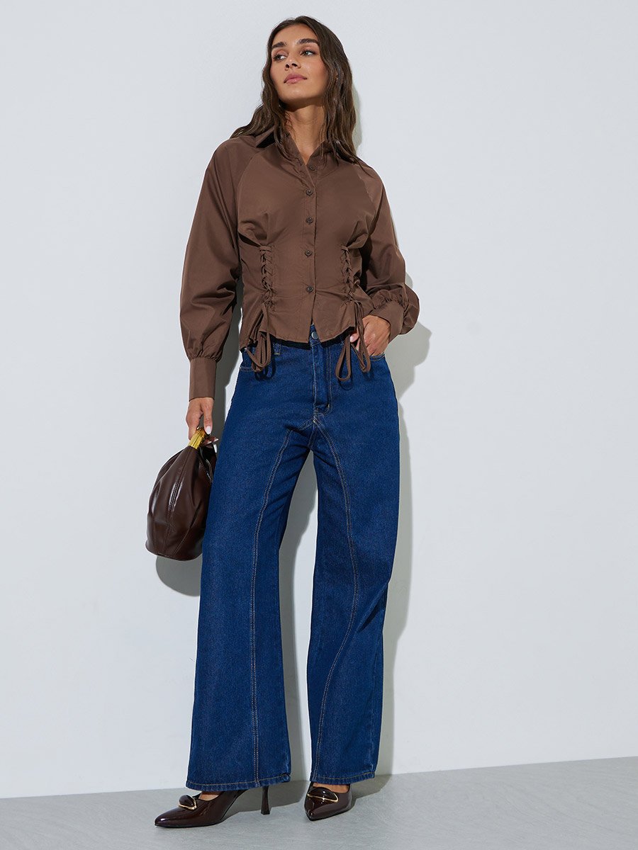 Brown Lace Up Detail Raglan Sleeve Buttoned Shirt