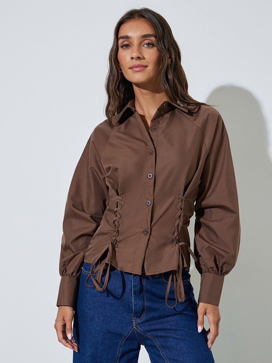 Brown Lace Up Detail Raglan Sleeve Buttoned Shirt