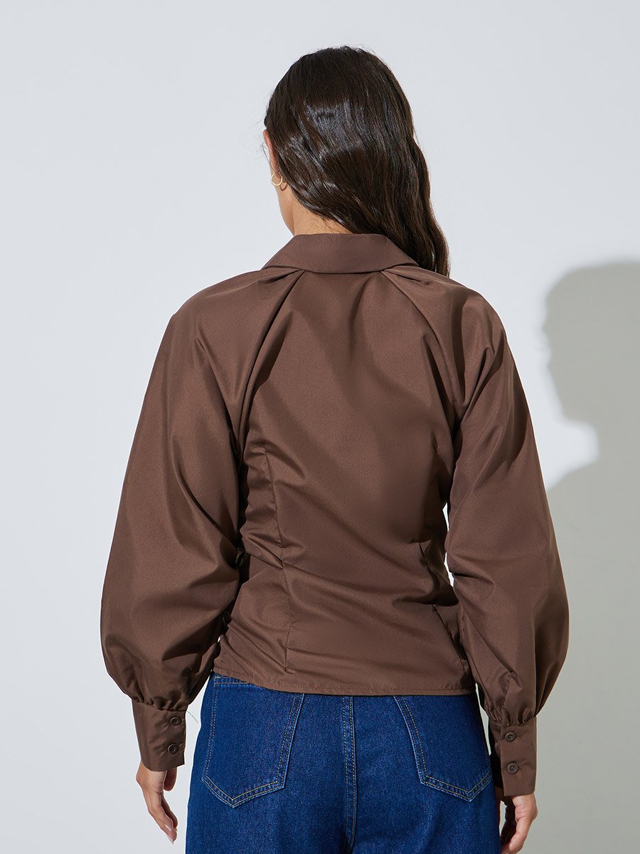 Brown Lace Up Detail Raglan Sleeve Buttoned Shirt
