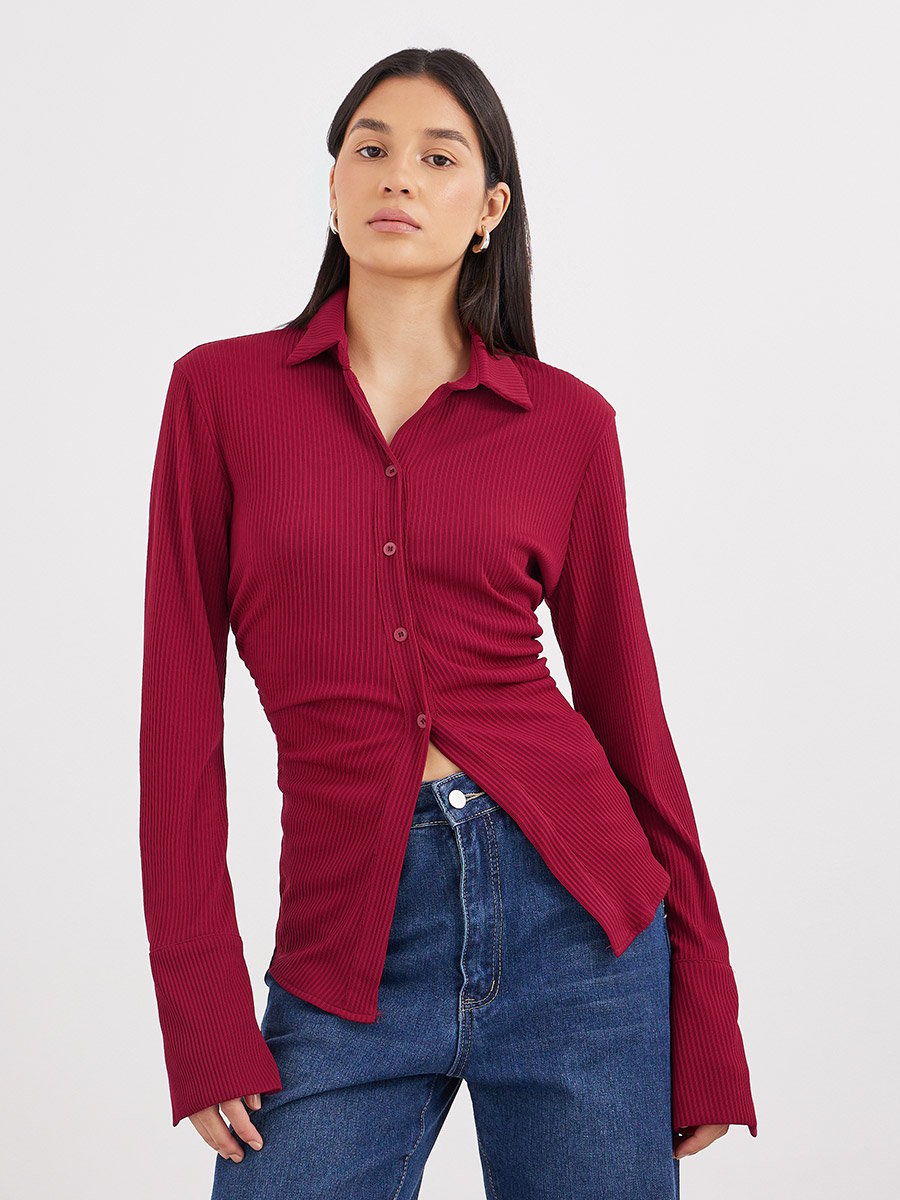 Women Burgundy Ribbed Fitted Longline Shirt