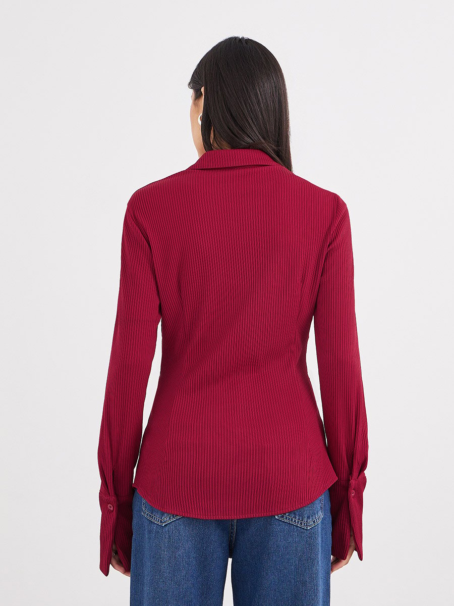 Women Burgundy Ribbed Fitted Longline Shirt