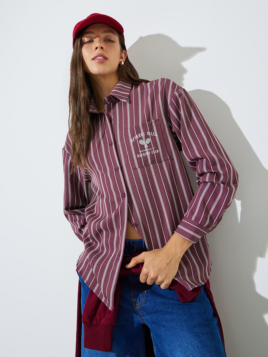 Maroon Printed Chest Pocket Striped Oversized Shirt