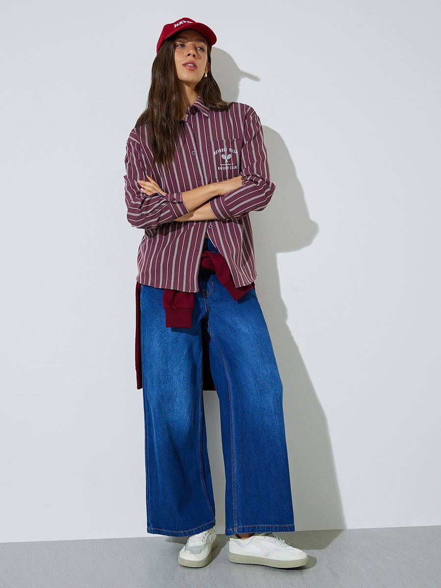 Maroon Printed Chest Pocket Striped Oversized Shirt
