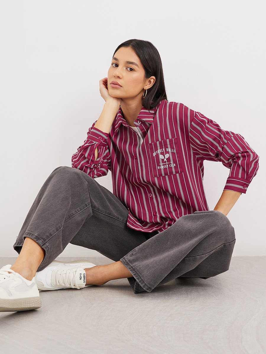 Red Printed Chest Pocket Striped Oversized Shirt