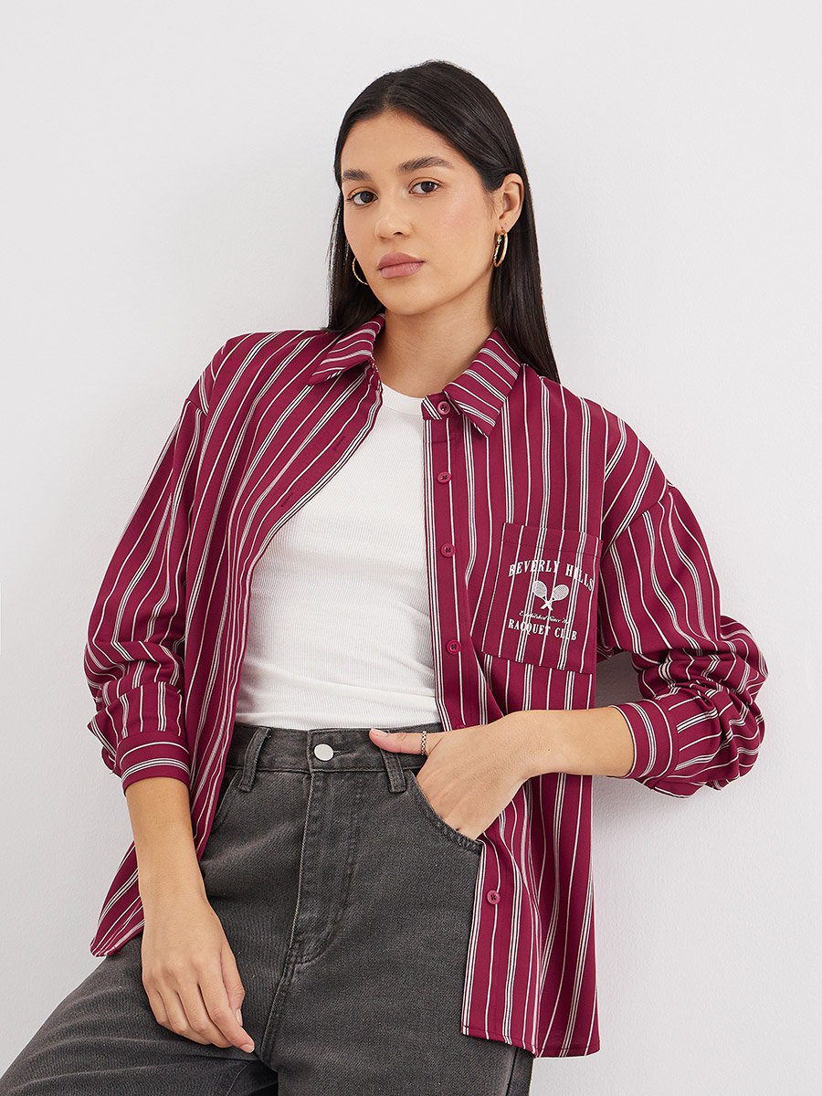 Red Printed Chest Pocket Striped Oversized Shirt