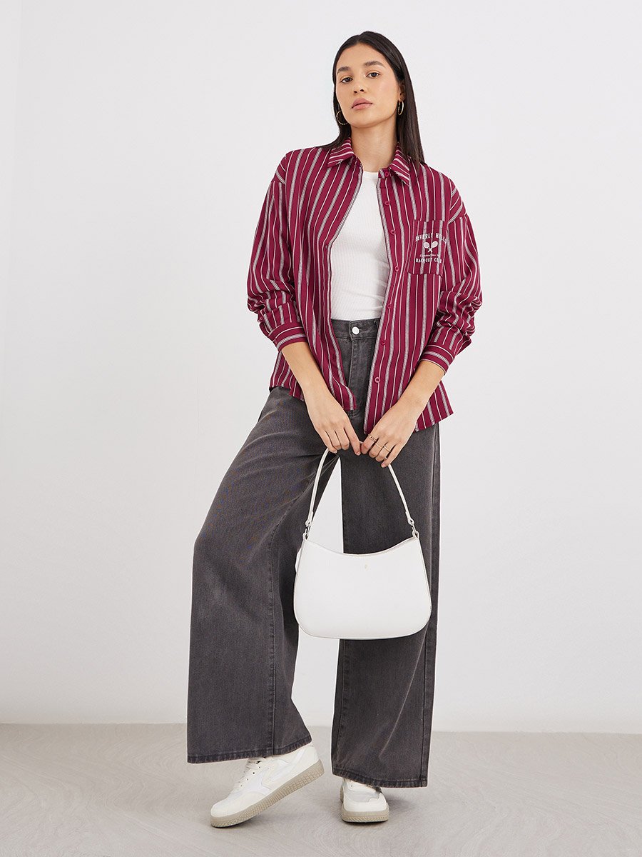 Red Printed Chest Pocket Striped Oversized Shirt