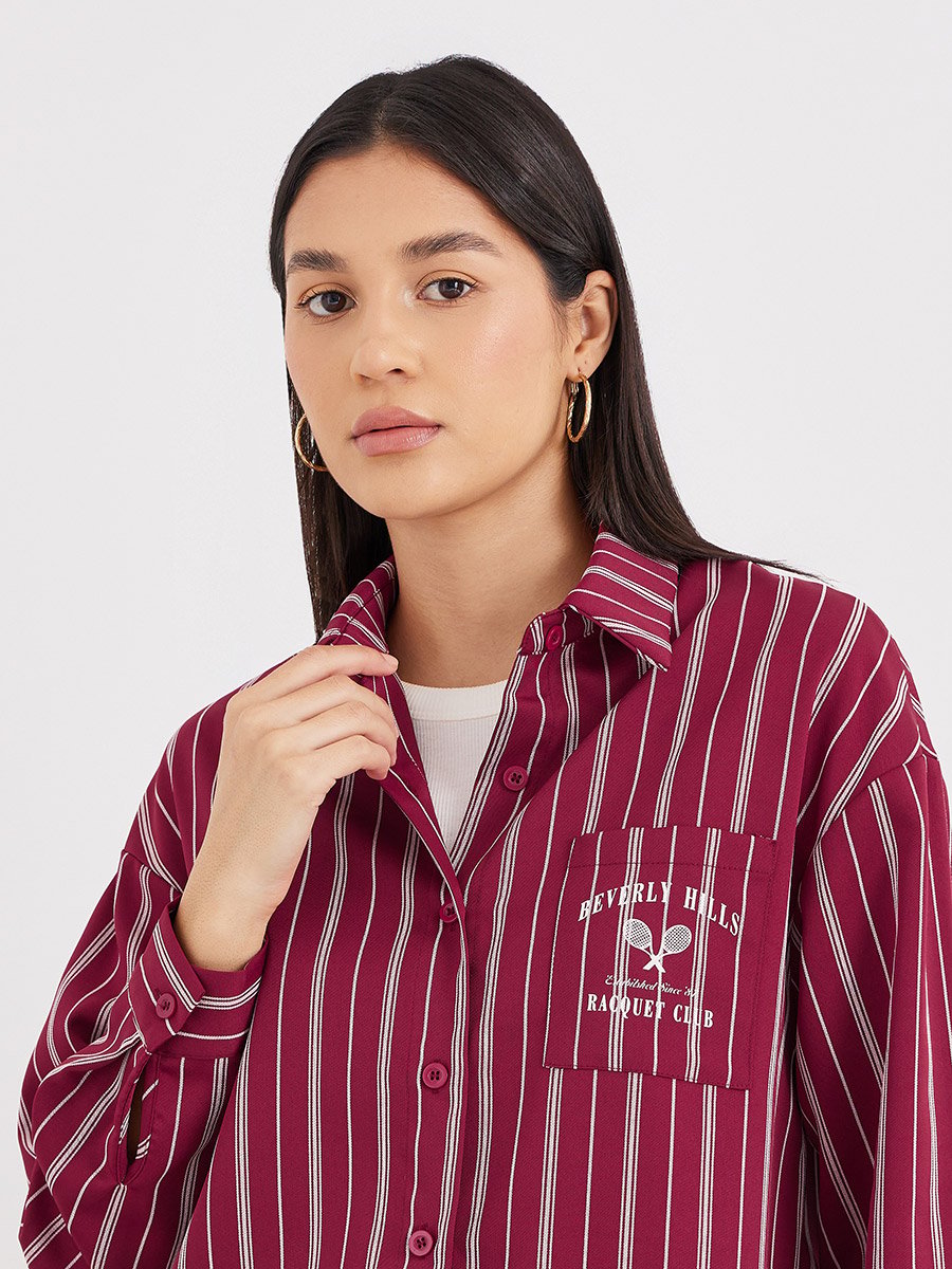 Red Printed Chest Pocket Striped Oversized Shirt