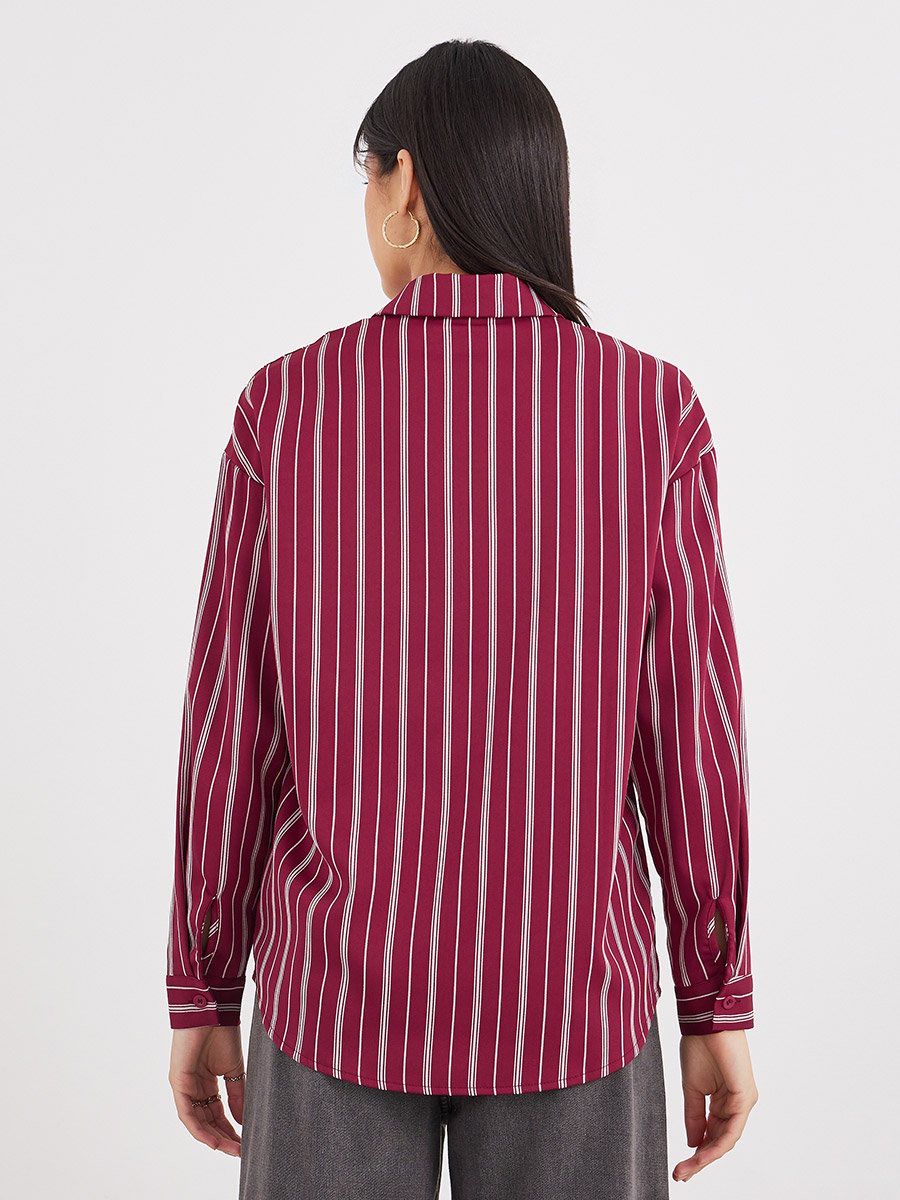 Red Printed Chest Pocket Striped Oversized Shirt