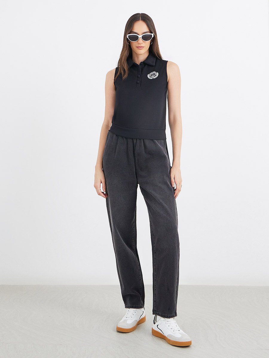 Embroidered Sleeveless Knit Polo Neck Top