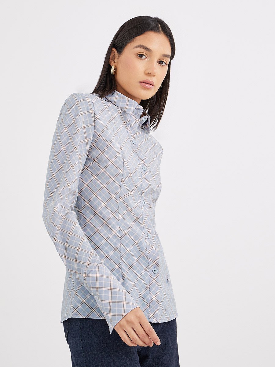 Women Blue Plaid Fitted Shirt