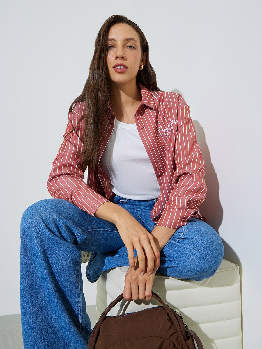 Red Back Embroidered Striped Oversized Shirt