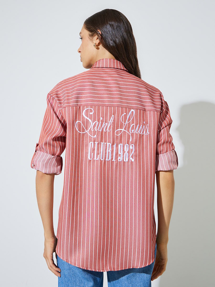 Red Back Embroidered Striped Oversized Shirt