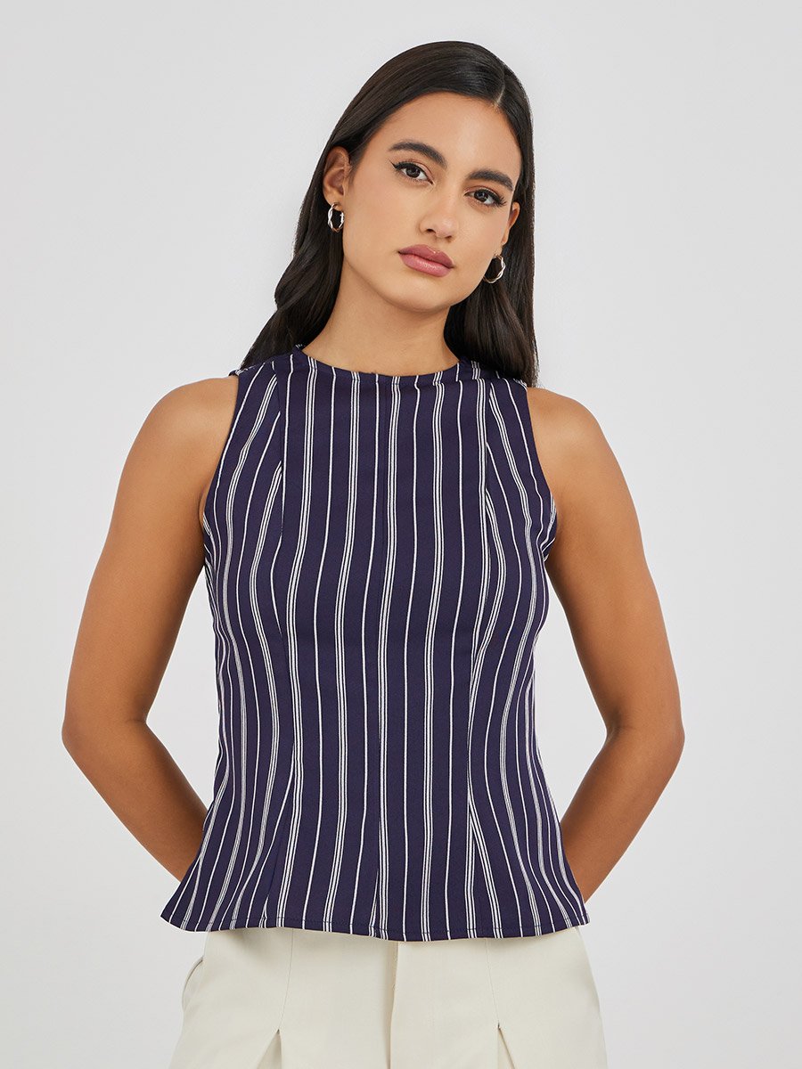 Striped Sleeveless Round Neck Peplum Top