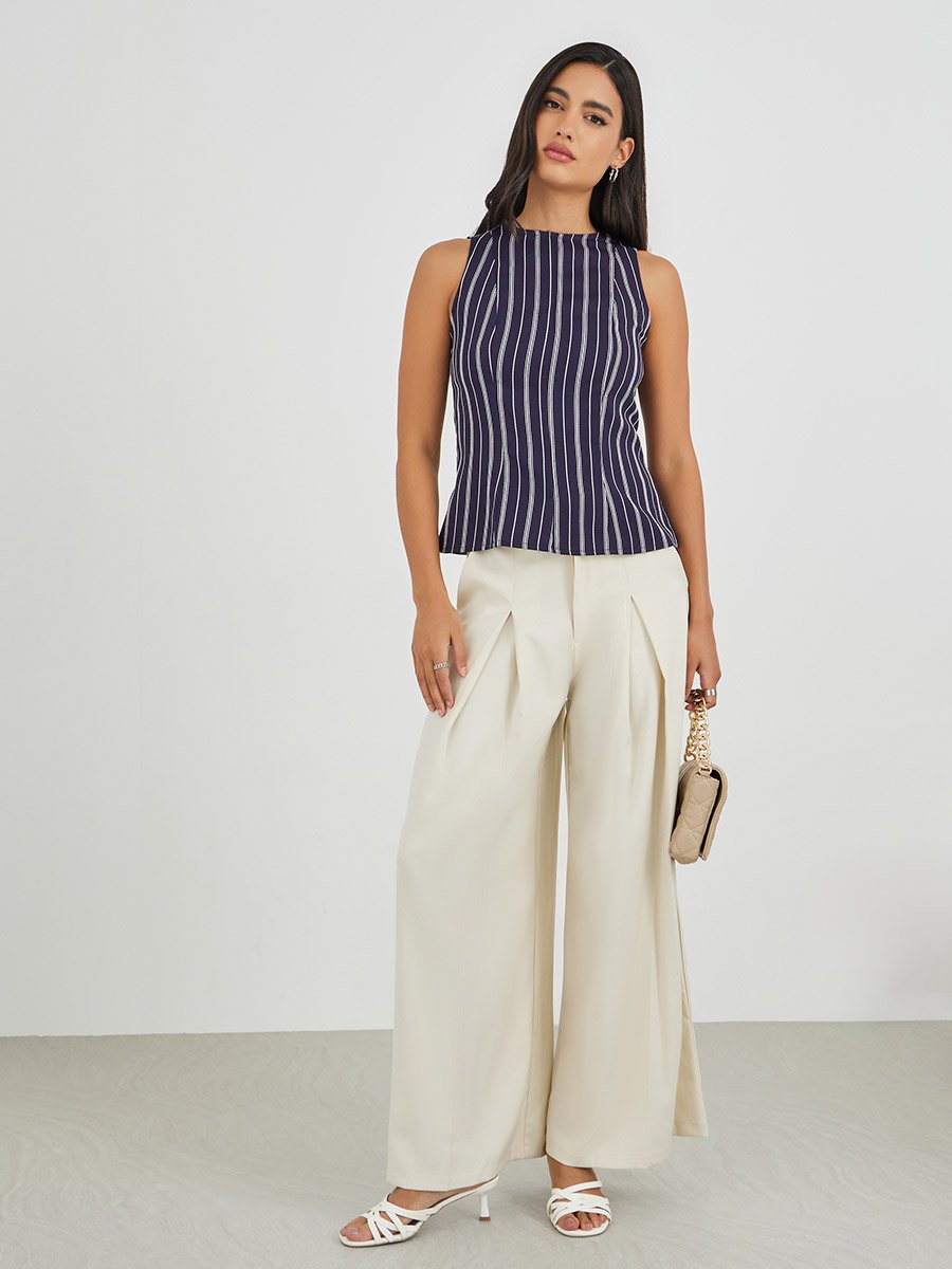 Striped Sleeveless Round Neck Peplum Top