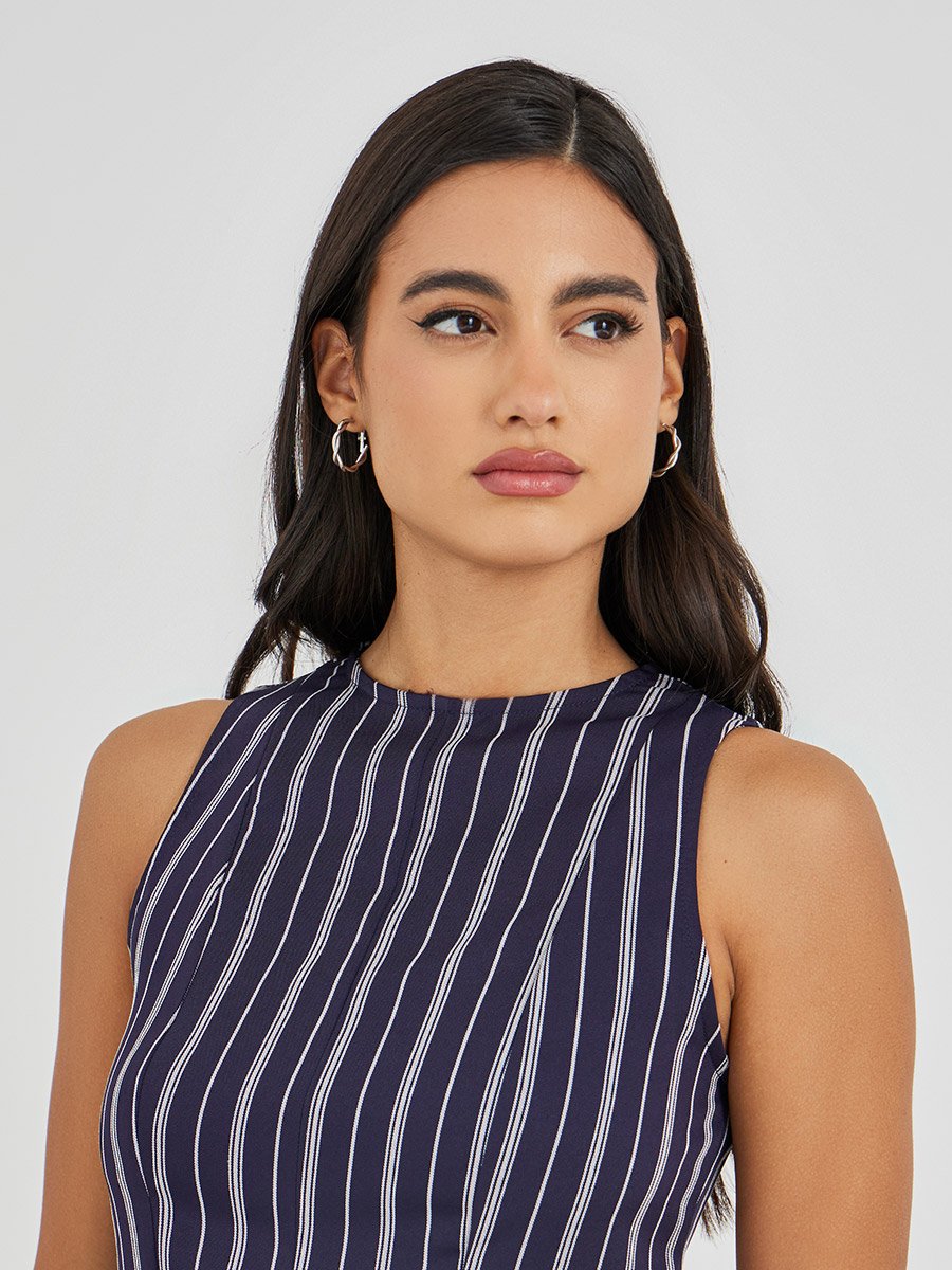 Striped Sleeveless Round Neck Peplum Top