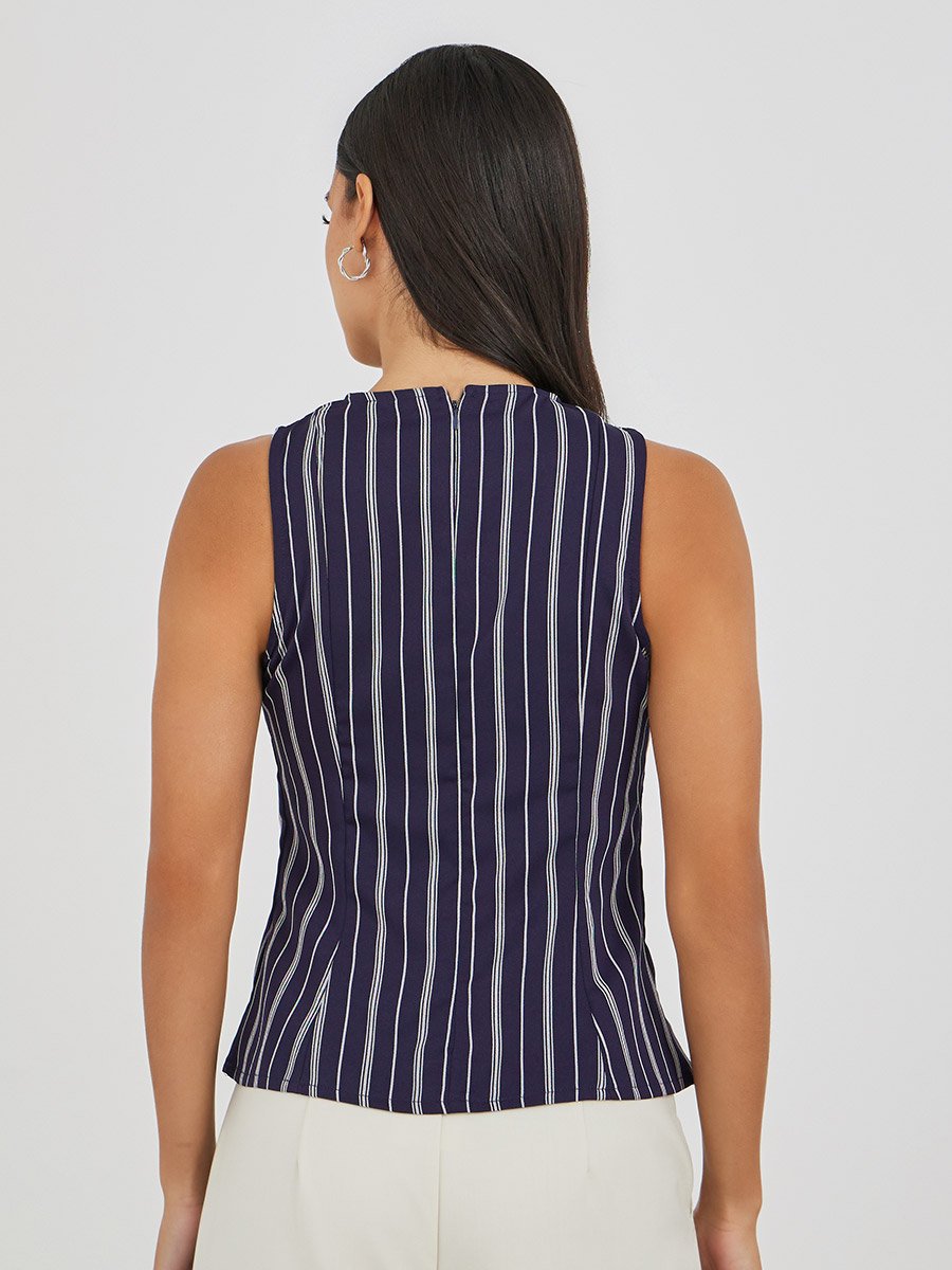 Striped Sleeveless Round Neck Peplum Top
