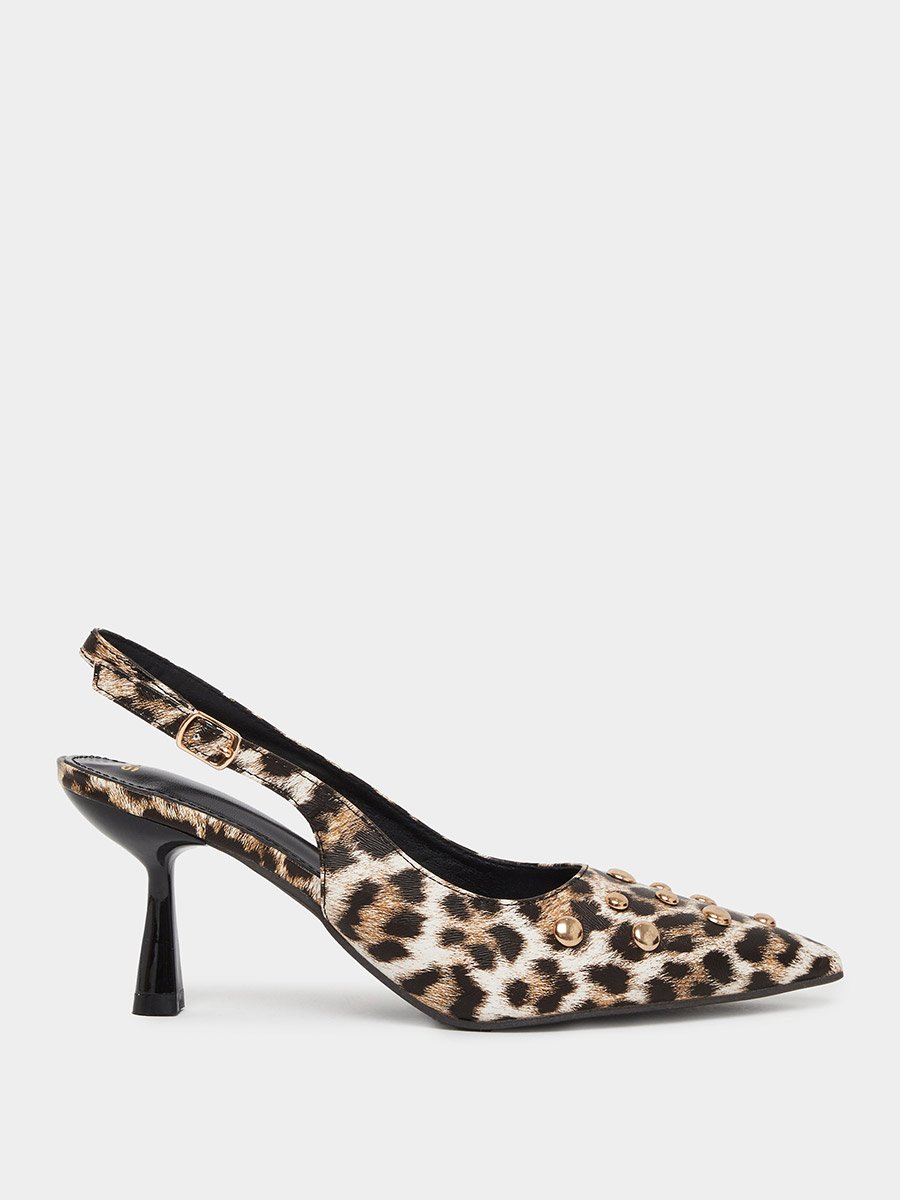 Leopard Print Studded Kitten Heel Shoes