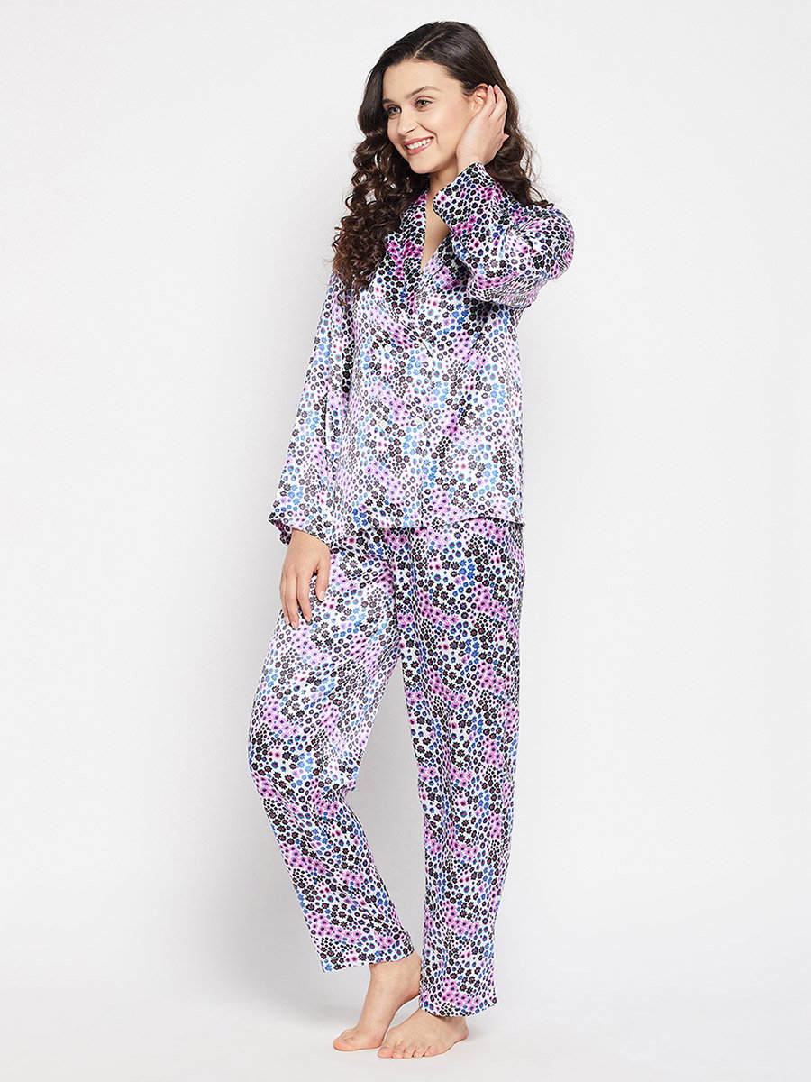 Floral Print Shawl Lapel Shirt and Pyjama Set