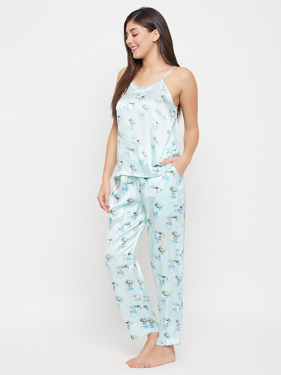 Floral Print Lace Trim Satin Cami Top and Pyjama Set