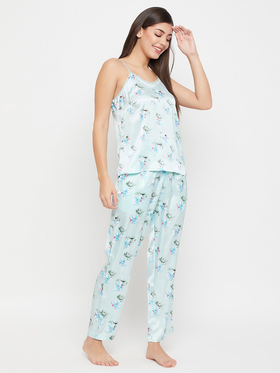 Floral Print Lace Trim Satin Cami Top and Pyjama Set
