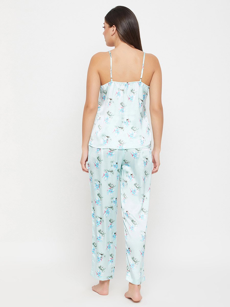 Floral Print Lace Trim Satin Cami Top and Pyjama Set