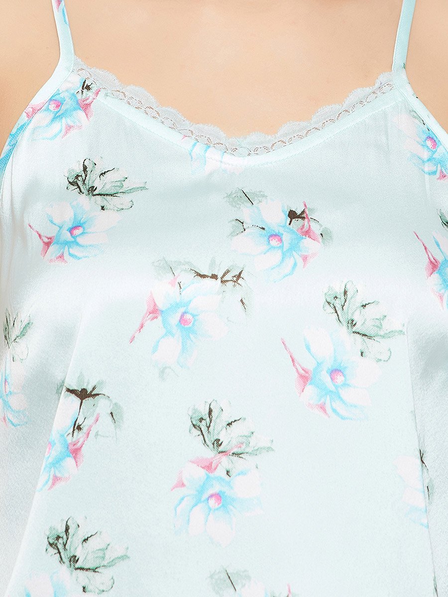 Floral Print Lace Trim Satin Cami Top and Pyjama Set