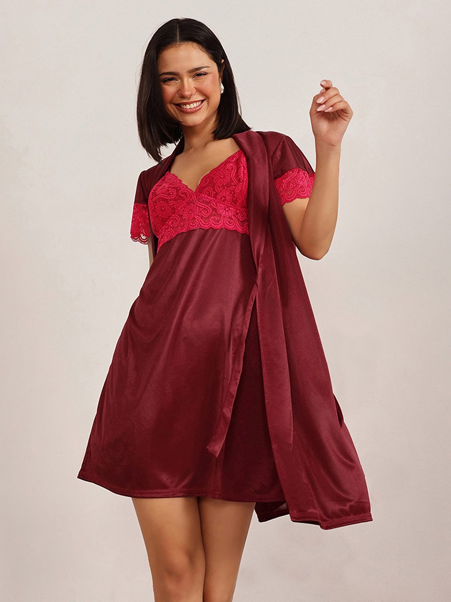 Lace Insert Short Sleeve Satin Robe and Nightdress Set