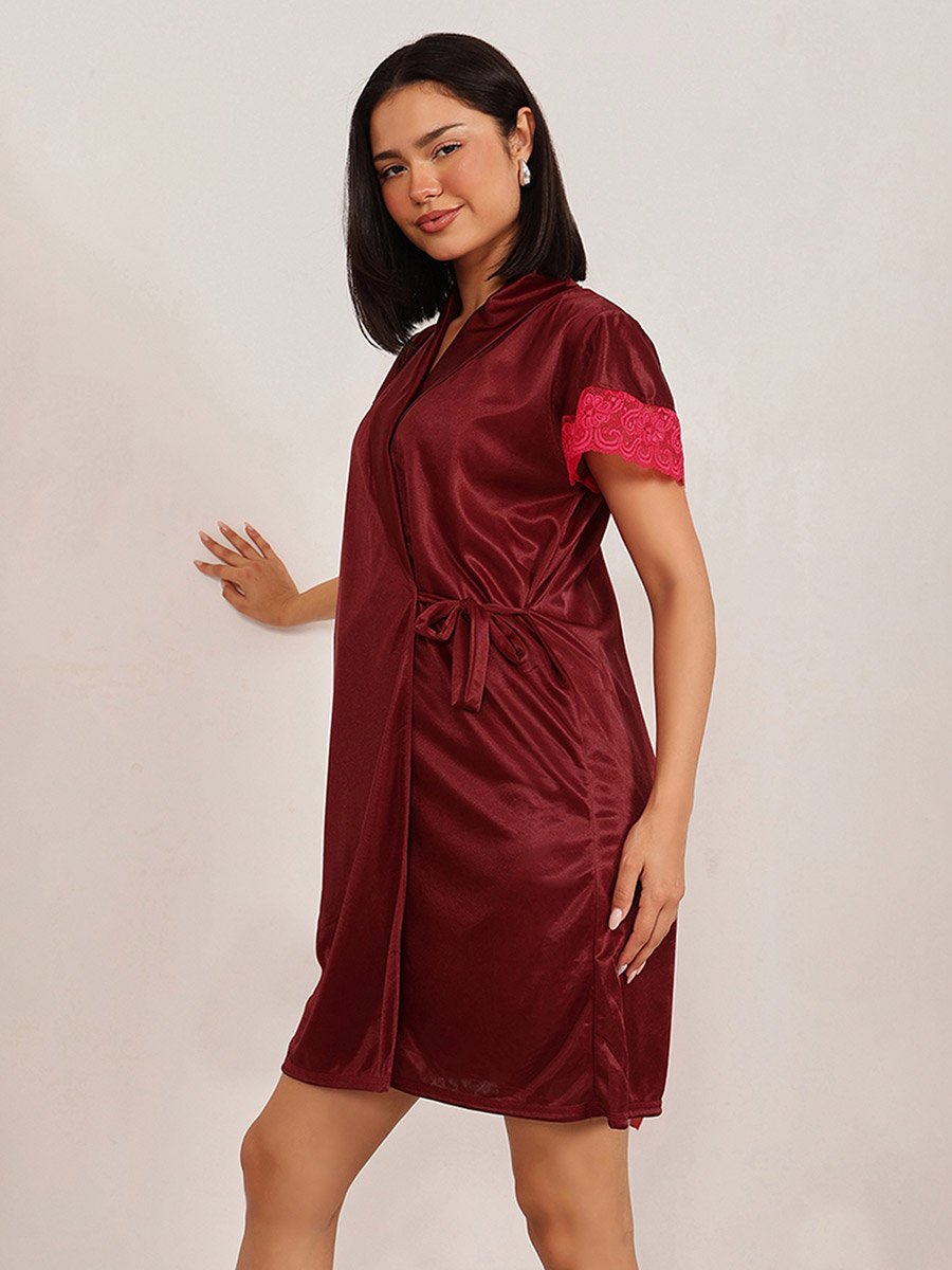 Lace Insert Short Sleeve Satin Robe and Nightdress Set