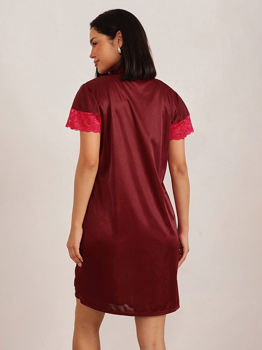 Lace Insert Short Sleeve Satin Robe and Nightdress Set