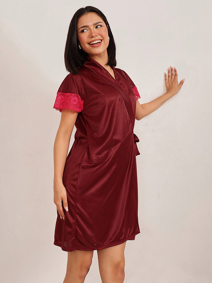 Lace Insert Short Sleeve Satin Robe and Nightdress Set