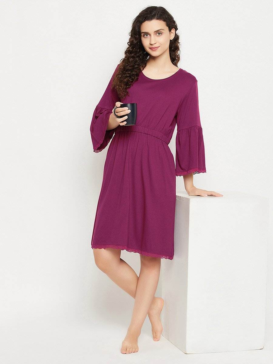 Solid Bell Sleeves Nightdress with Lace Trim