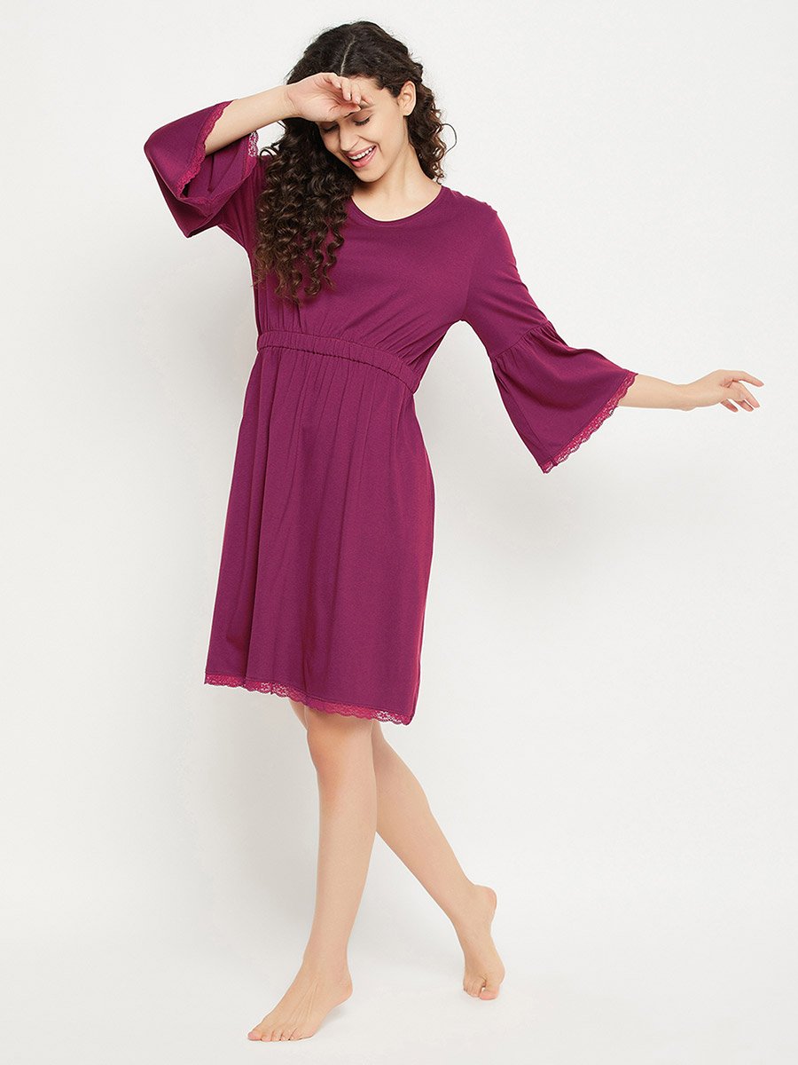 Solid Bell Sleeves Nightdress with Lace Trim