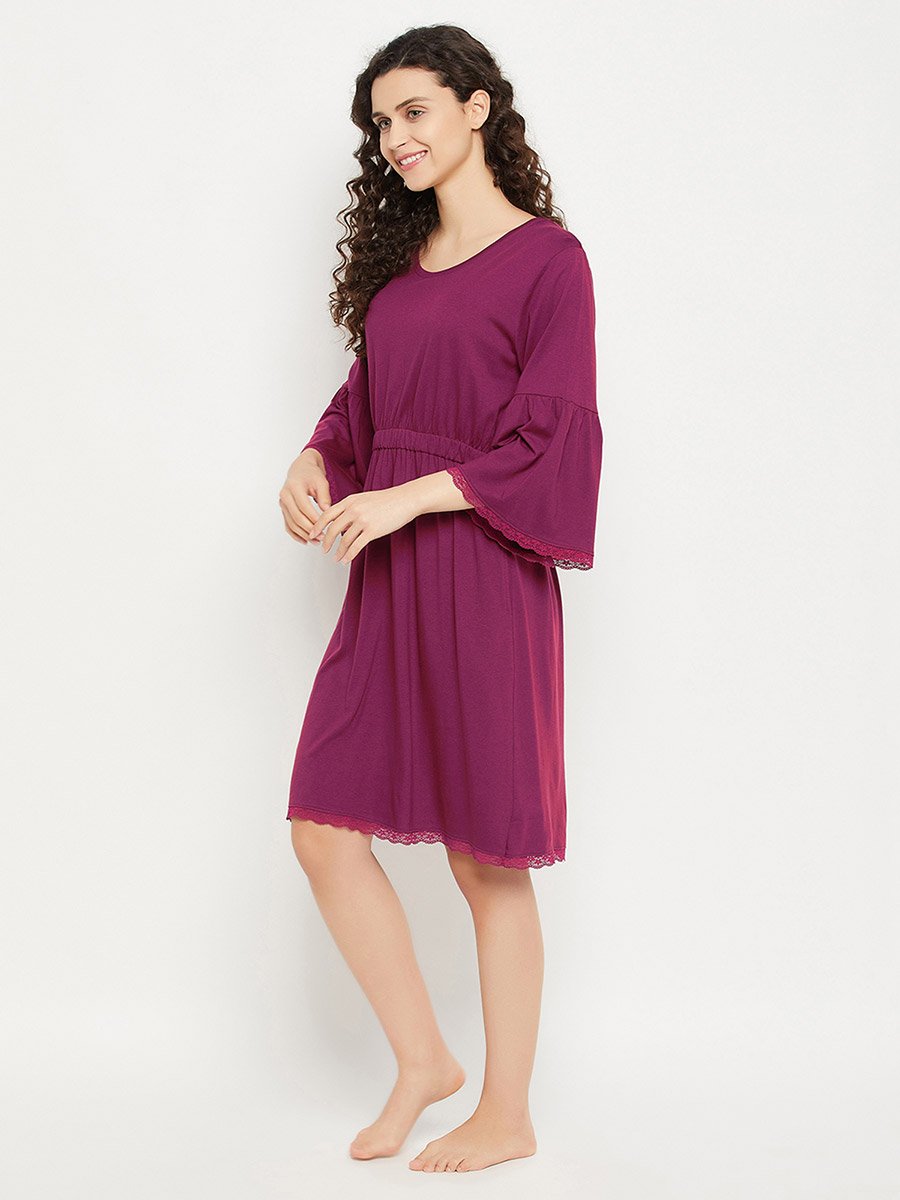 Solid Bell Sleeves Nightdress with Lace Trim