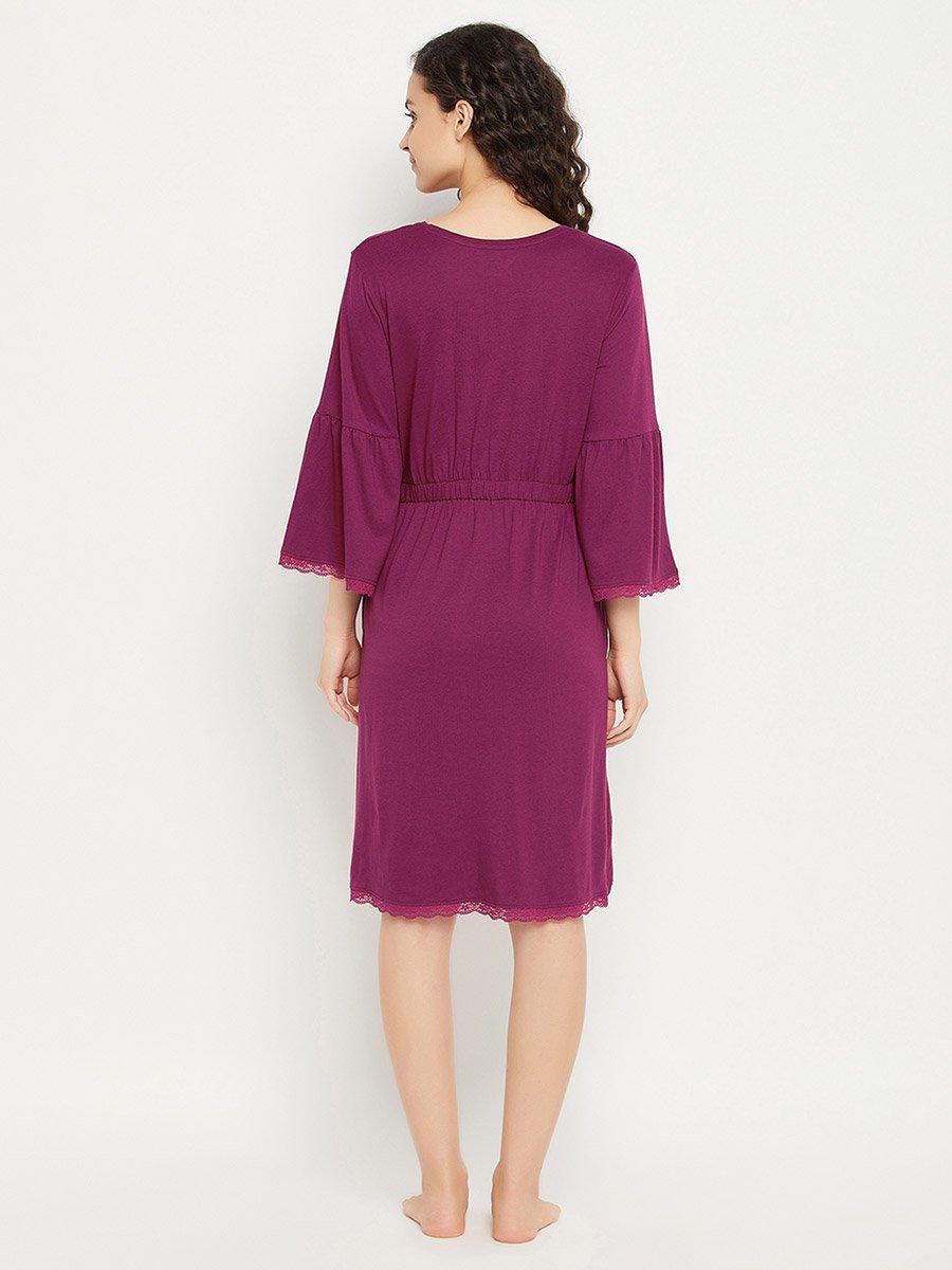 Solid Bell Sleeves Nightdress with Lace Trim