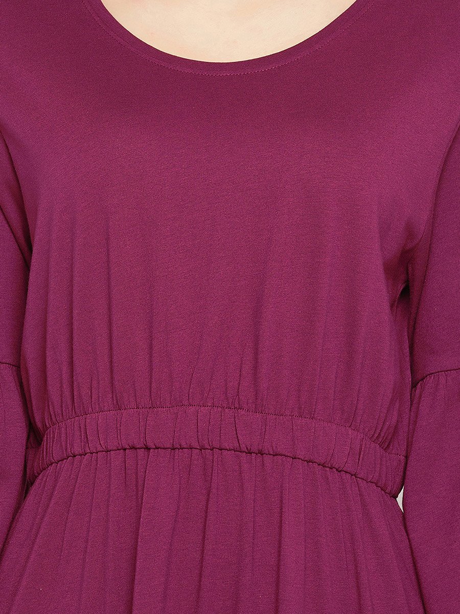 Solid Bell Sleeves Nightdress with Lace Trim