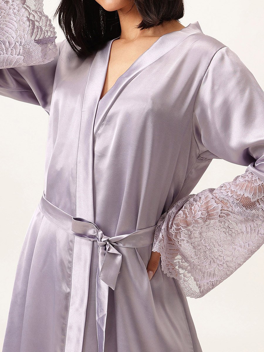Solid Lace Detail Long Sleeve Satin Robe with Waist Tie