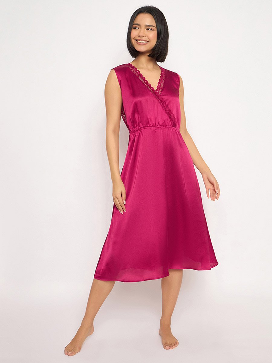 Solid Lace Detail Open Back Satin Nightdress
