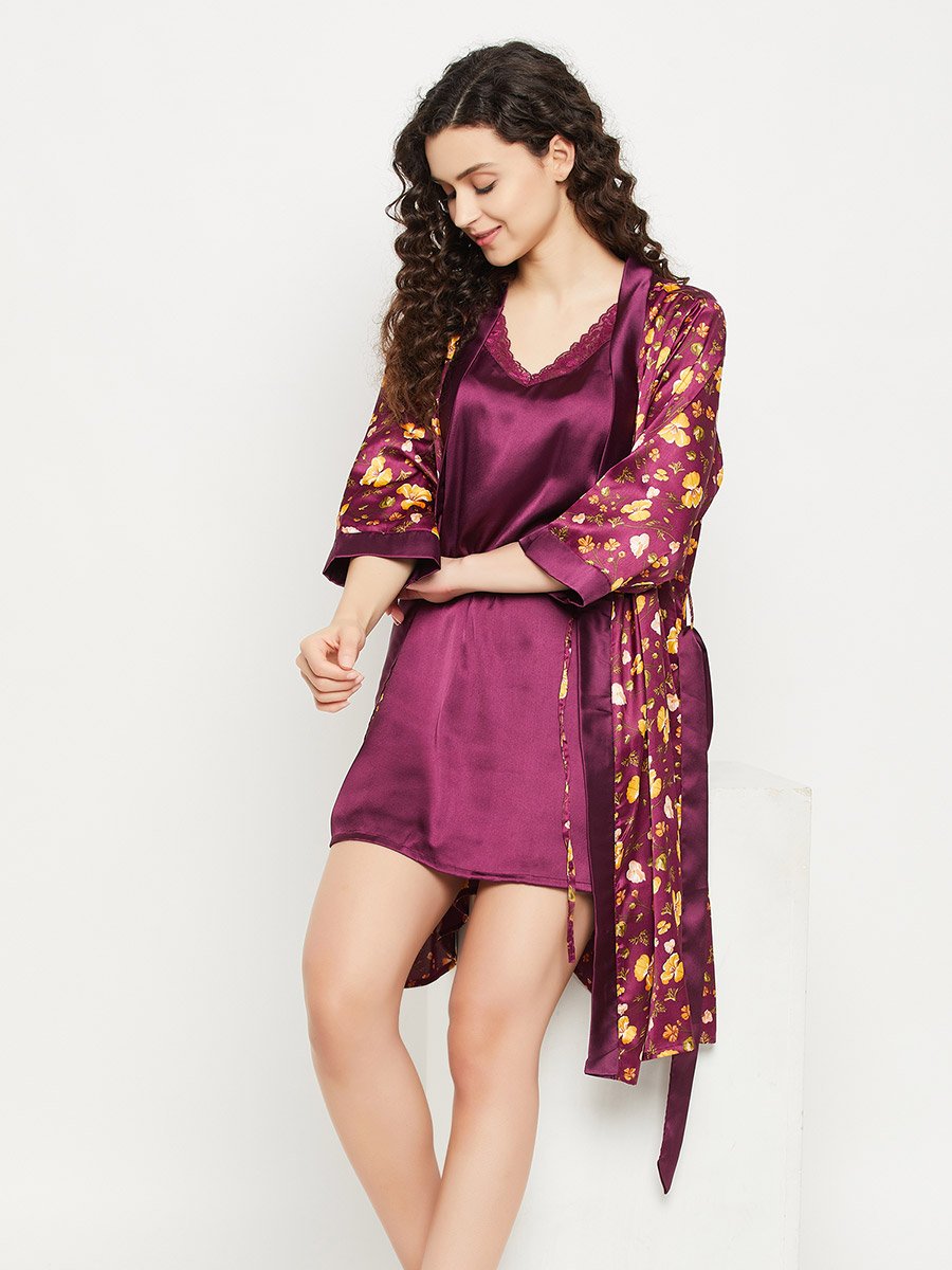 Floral Print 3/4 Sleeves Satin Robe with Tie Detail
