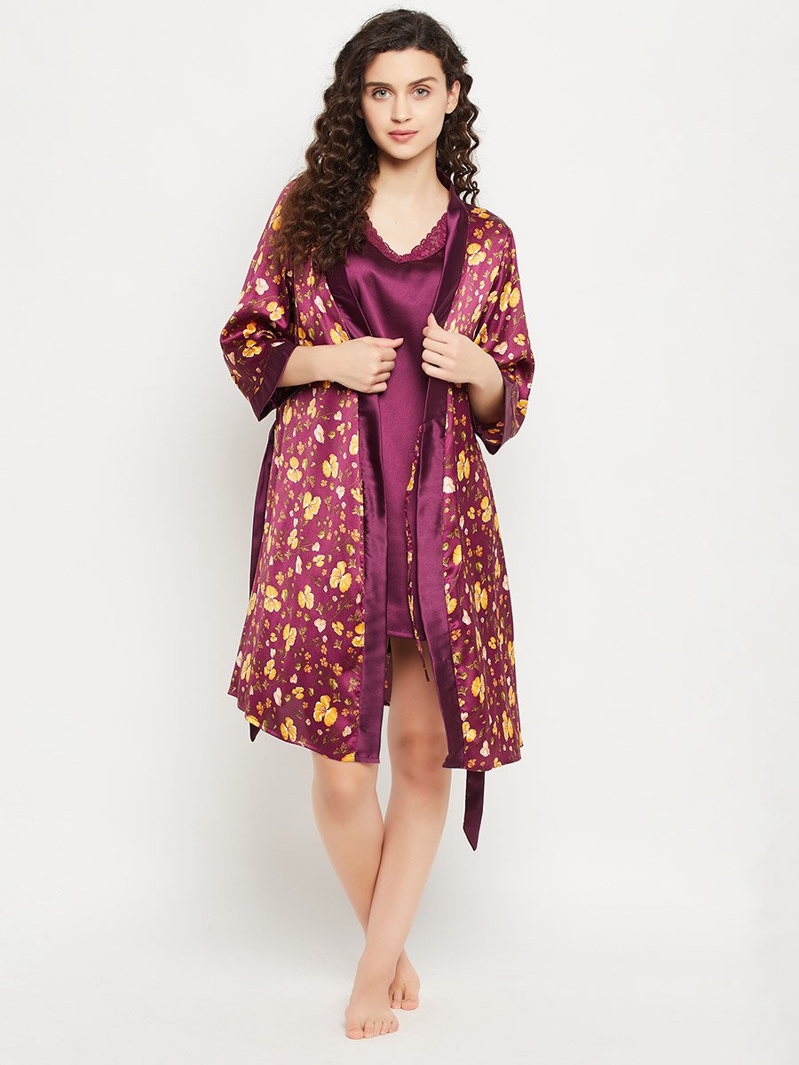Floral Print 3/4 Sleeves Satin Robe with Tie Detail