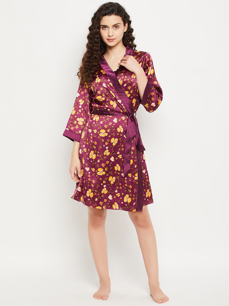 Floral Print 3/4 Sleeves Satin Robe with Tie Detail