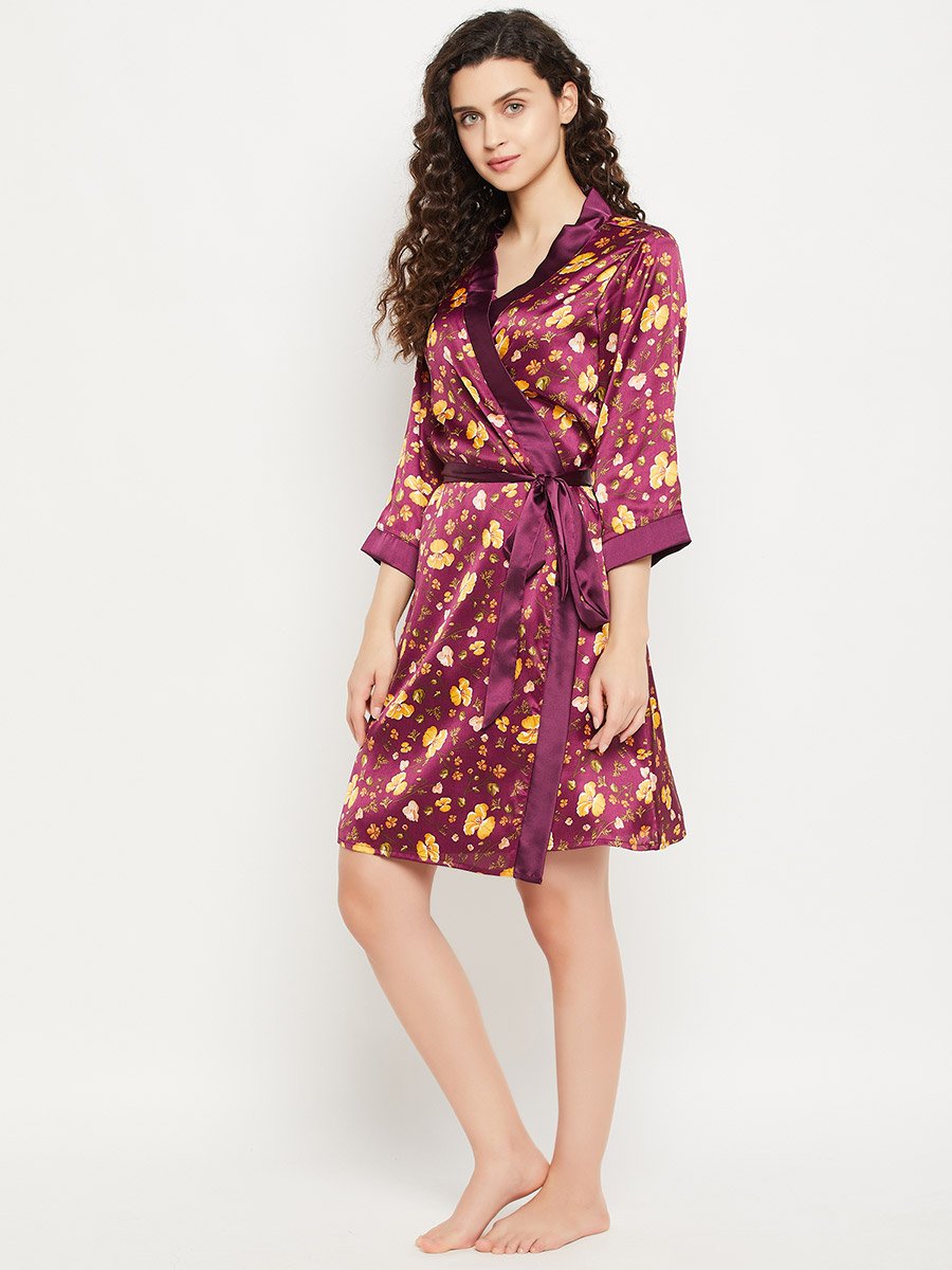 Floral Print 3/4 Sleeves Satin Robe with Tie Detail