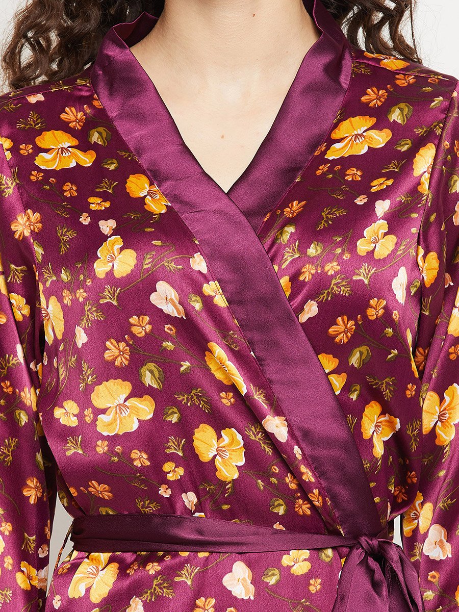 Floral Print 3/4 Sleeves Satin Robe with Tie Detail