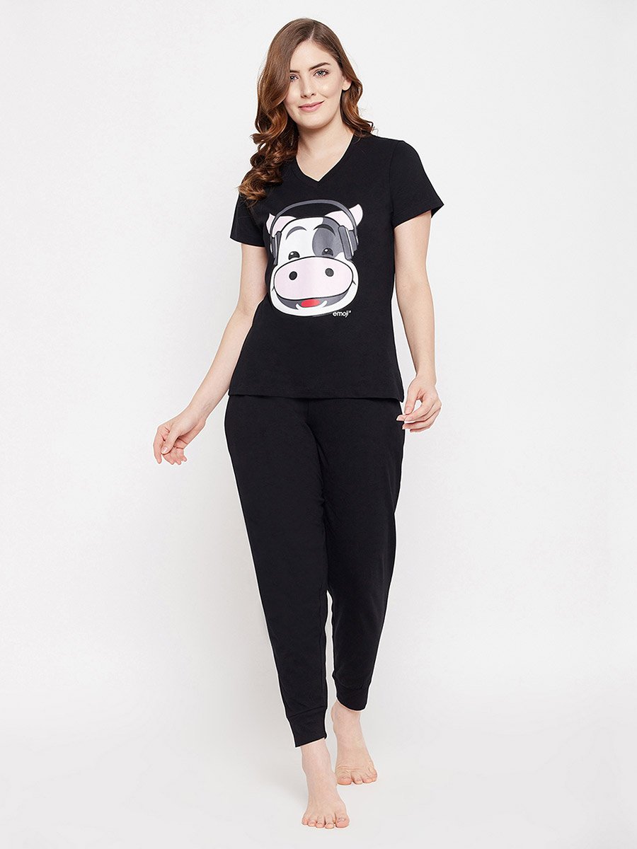 Graphic Print V Neck Cotton T-Shirt and Solid Joggers Set