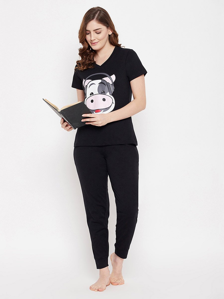 Graphic Print V Neck Cotton T-Shirt and Solid Joggers Set